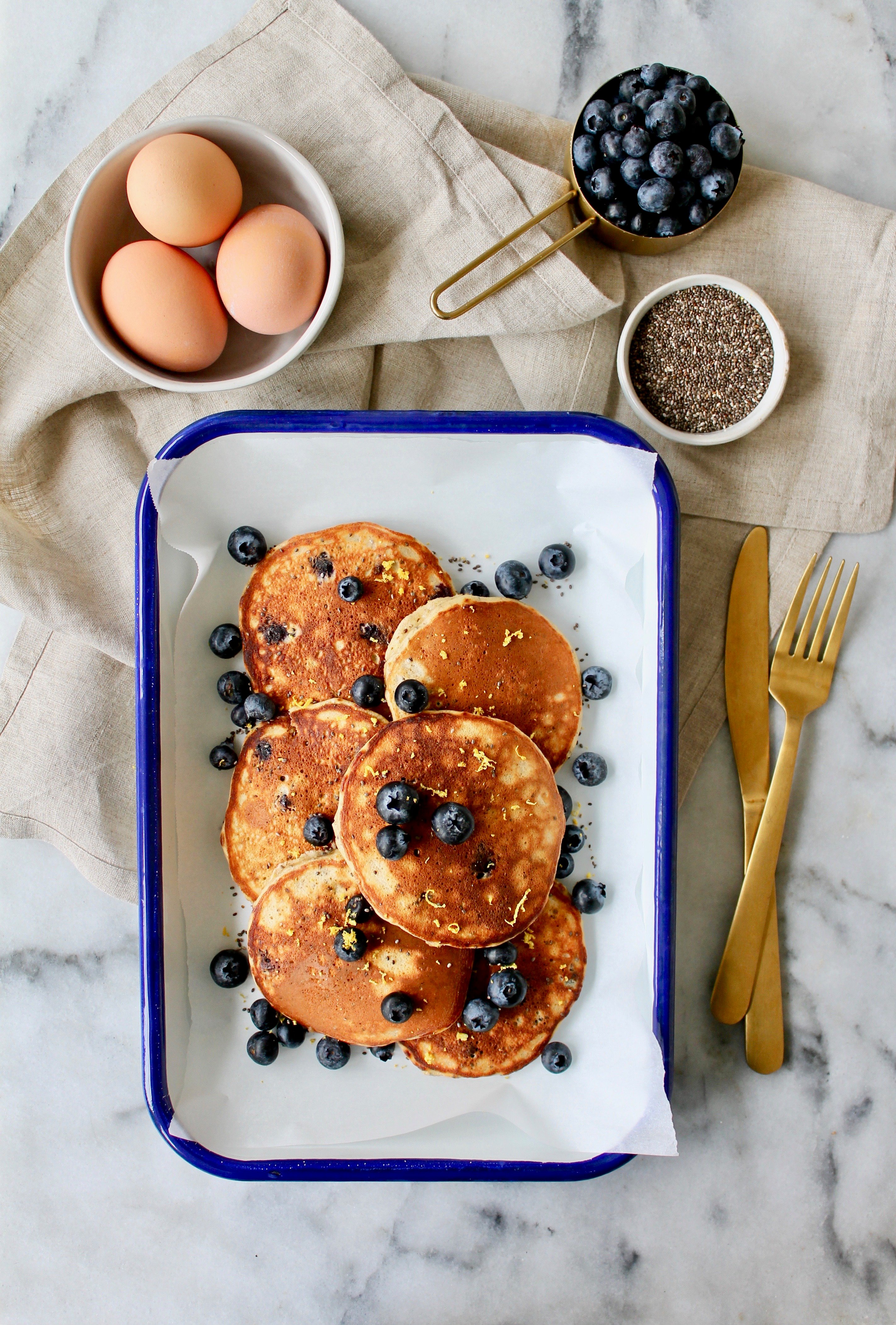 Blueberry lemon chia protein pancakes